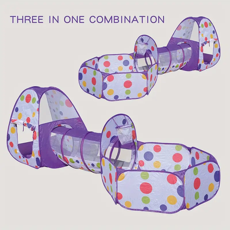 Three-in-one polka dot play tunnel on a light gray background