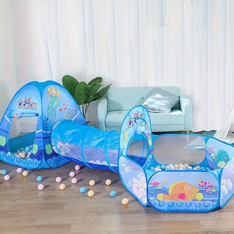 Children's play set with ocean design in a living room.