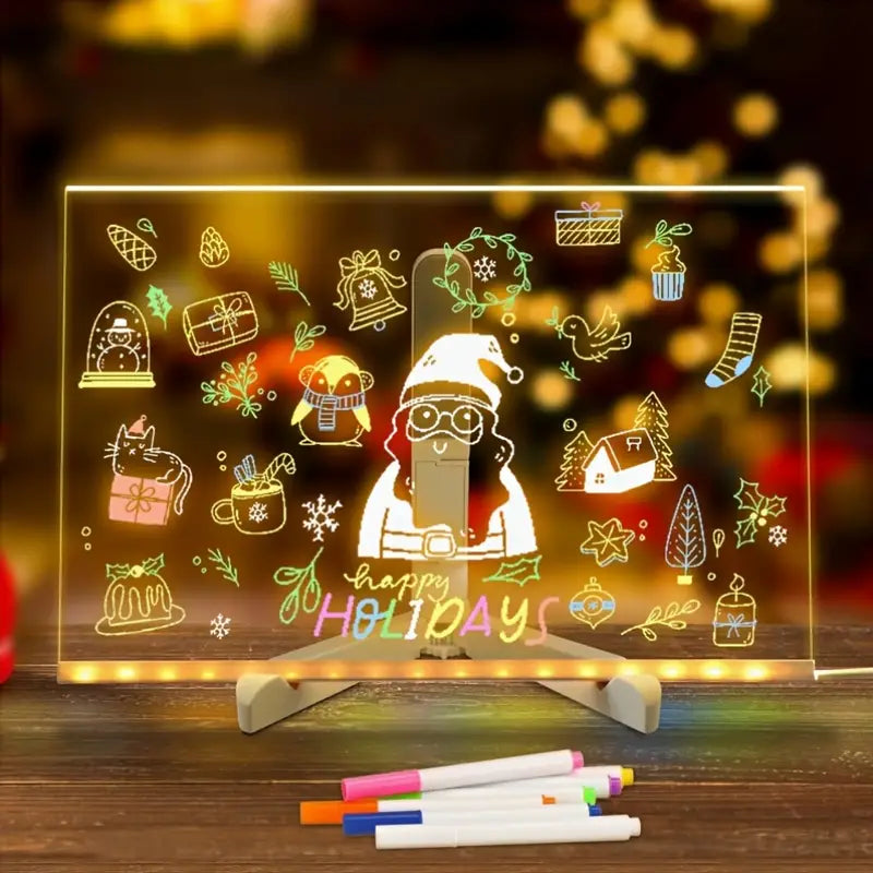 LED Message Board with Seven-Color Brush, Acrylic Glow Drawing Pad, Creative Night Light, LED Illuminated Drawing Tablet with Stand