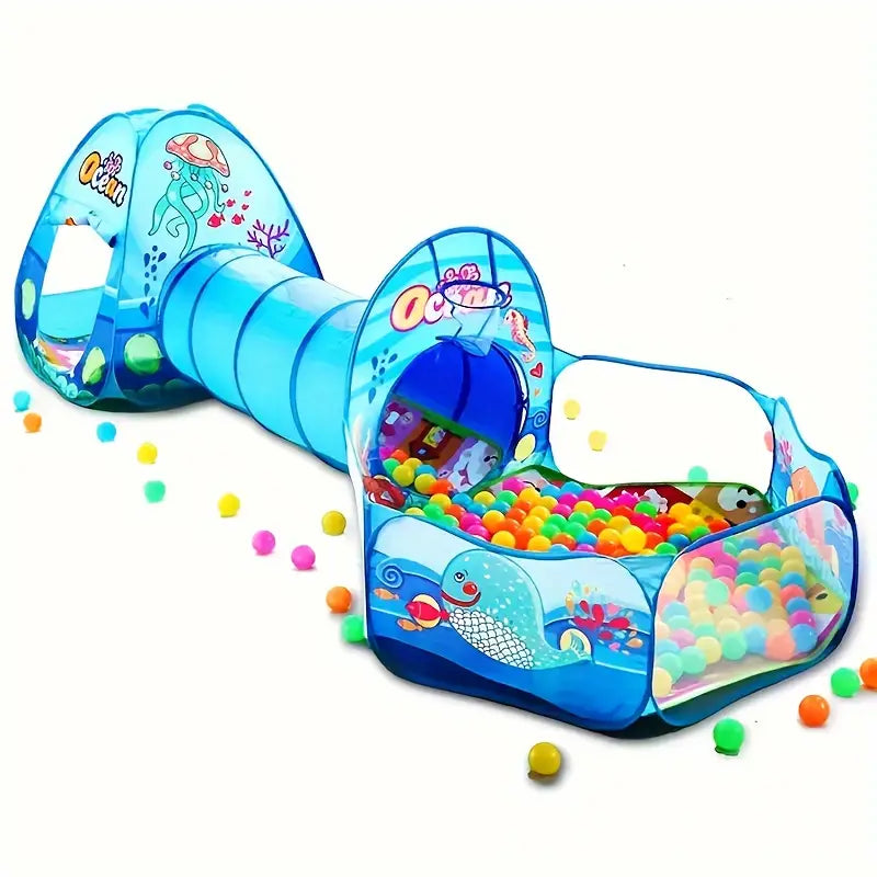 Children's play tunnel with ball pit and colorful balls on a white background