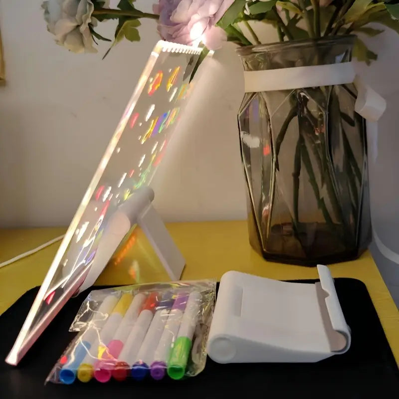 LED Message Board with Seven-Color Brush, Acrylic Glow Drawing Pad, Creative Night Light, LED Illuminated Drawing Tablet with Stand